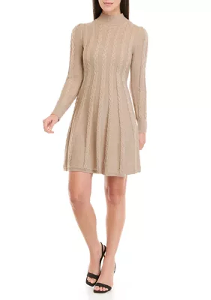 Women's Long Sleeve Mock Neck Cable Fit and Flare Sweater Dress