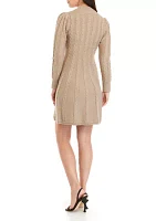 Women's Long Sleeve Mock Neck Cable Fit and Flare Sweater Dress