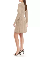 Women's Long Sleeve Mock Neck Cable Fit and Flare Sweater Dress