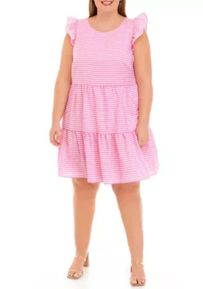 Plus Seersucker Flutter Sleeve Tiered Babydoll Dress