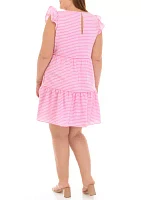 Plus Seersucker Flutter Sleeve Tiered Babydoll Dress