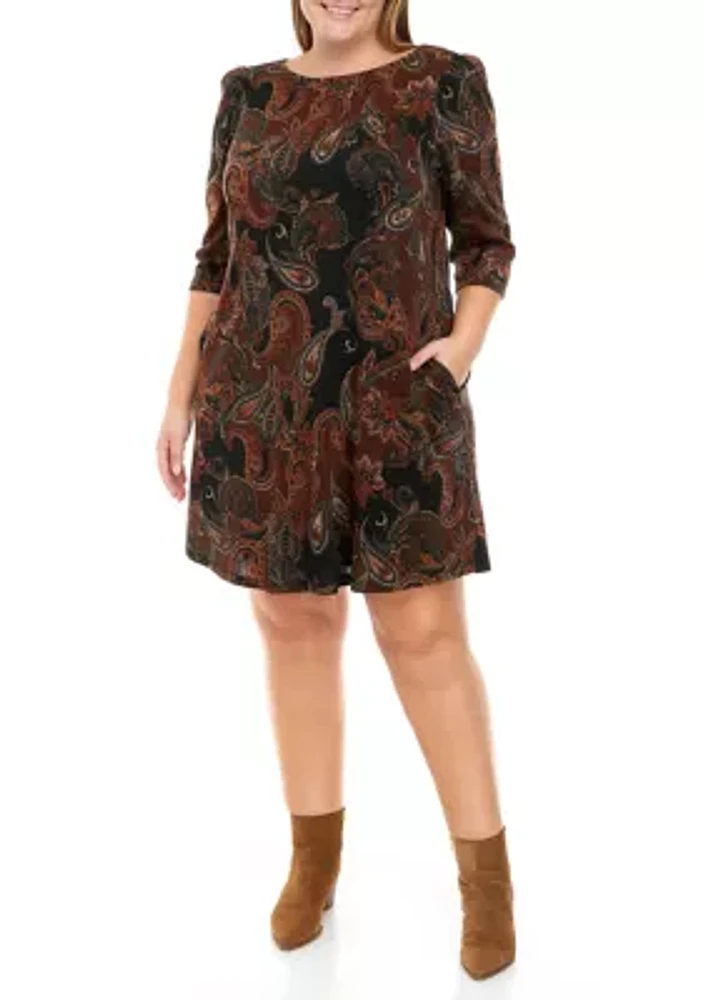 Plus Cozy Puff Shoulder Paisley A-Line Hacci Dress