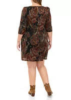 Plus Cozy Puff Shoulder Paisley A-Line Hacci Dress