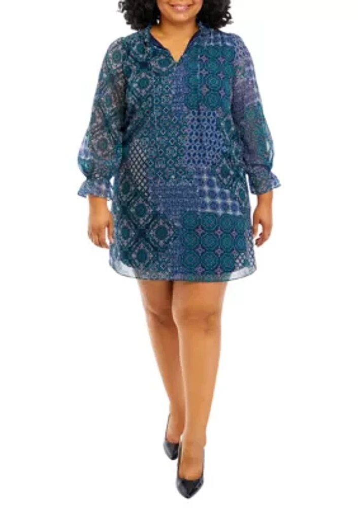 Plus Long Sleeve Tie Neck Printed A-Line Dress