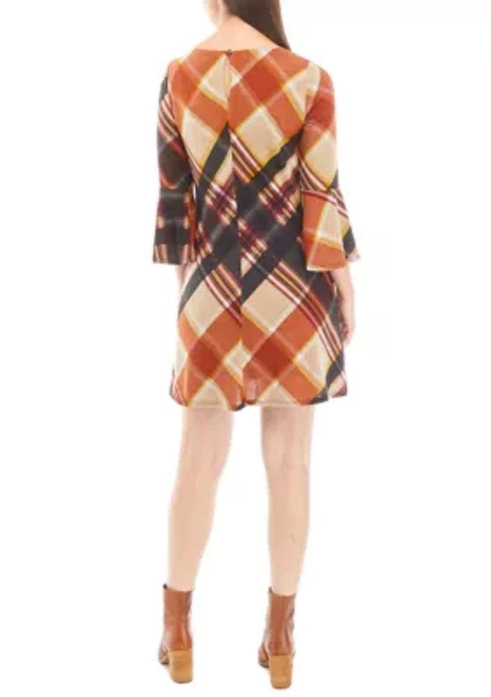 Women's 3/4 Bell Sleeve Plaid A-Line Dress