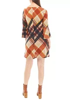 Women's 3/4 Bell Sleeve Plaid A-Line Dress