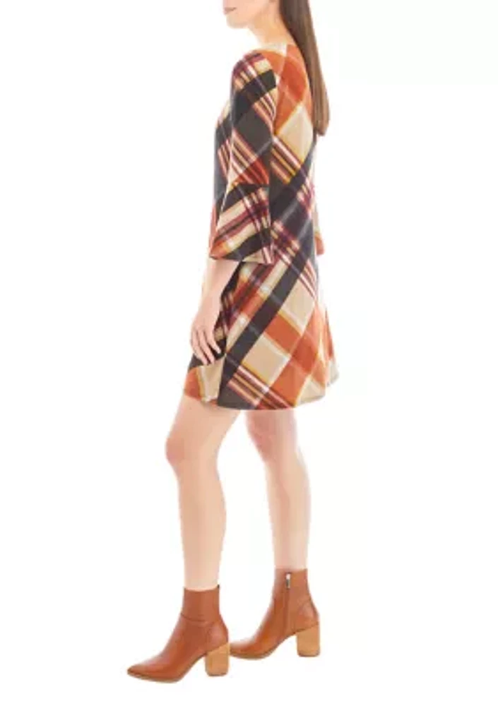 Women's 3/4 Bell Sleeve Plaid A-Line Dress