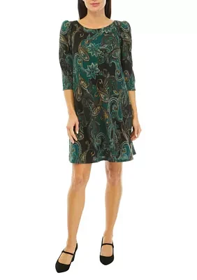 Women's 3/4 Puff Sleeve Paisley A-Line Dress