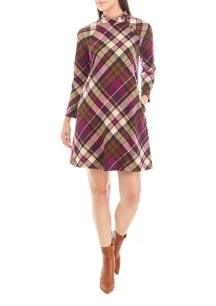 Women's Mock Neck Plaid A-Line Dress