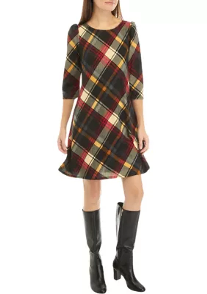 Women's Puff Shoulder Long Sleeve Plaid A-Line Dress