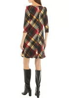 Women's Puff Shoulder Long Sleeve Plaid A-Line Dress