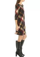 Women's Puff Shoulder Long Sleeve Plaid A-Line Dress