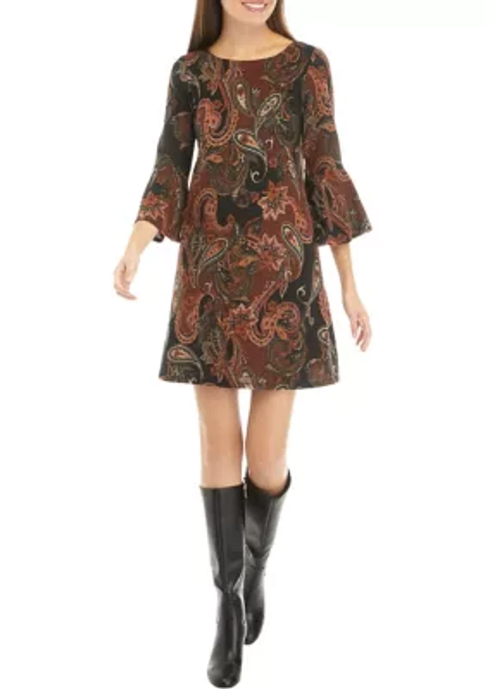 Women's 3/4 Bell Sleeve Paisley A-Line Dress