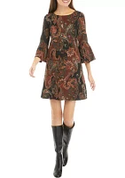 Women's 3/4 Bell Sleeve Paisley A-Line Dress