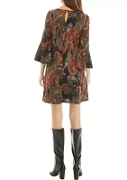 Women's 3/4 Bell Sleeve Paisley A-Line Dress