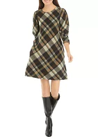 Women's 3/4 Puff Sleeve Plaid Fit and Flare Dress