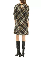 Women's 3/4 Puff Sleeve Plaid Fit and Flare Dress