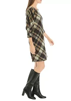 Women's 3/4 Puff Sleeve Plaid Fit and Flare Dress