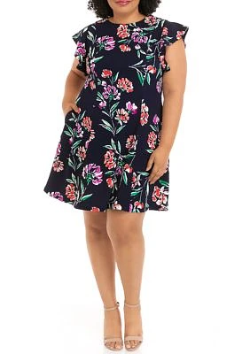 Plus Short Sleeve Floral Print Scuba Fit and Flare Dress