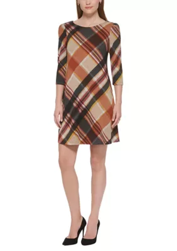 Women's 3/4 Sleeve Plaid Print A-Line Dress