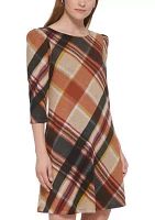 Women's 3/4 Sleeve Plaid Print A-Line Dress