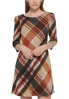 Women's 3/4 Sleeve Plaid Print A-Line Dress