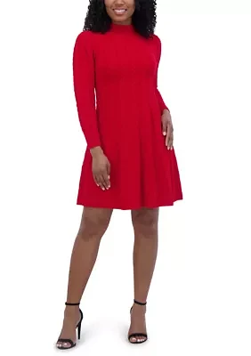 Women's Long Sleeve Mock Neck Solid A-Line Dress