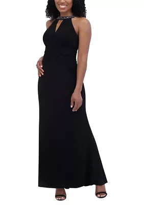 Women's Sleeveless Halter Neck Solid Sheath Gown