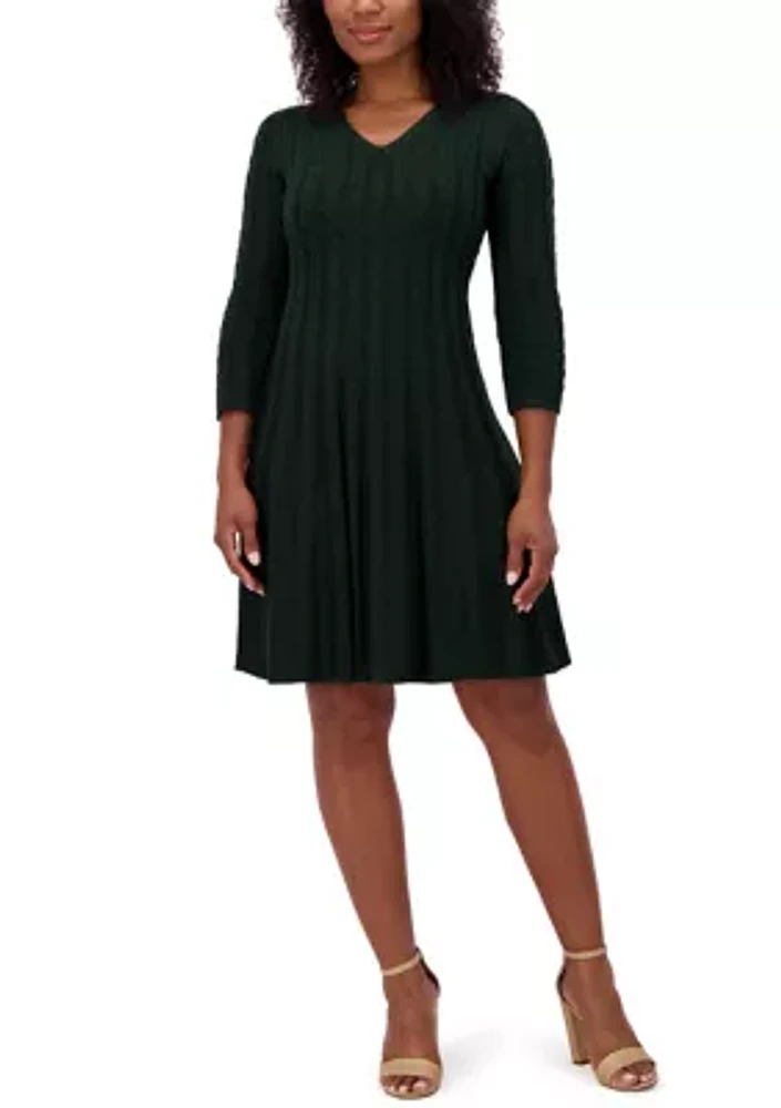 Women's 3/4 Sleeve V-Neck Solid Pleated A-Line Dress