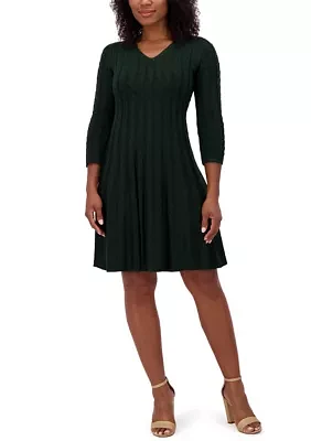 Women's 3/4 Sleeve V-Neck Solid Pleated A-Line Dress