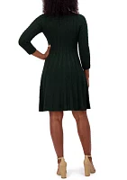 Women's 3/4 Sleeve V-Neck Solid Pleated A-Line Dress