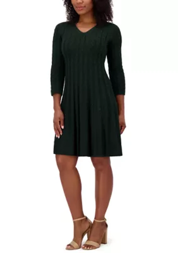 Women's 3/4 Sleeve V-Neck Solid Pleated A-Line Dress