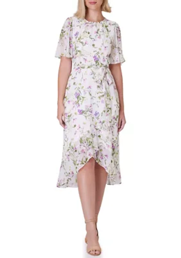 Women's Flutter Sleeve Floral Print Chiffon Dress