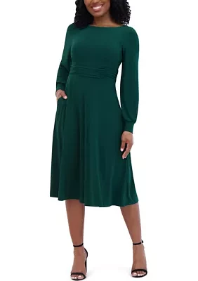 Women's Solid Boat Neck Fit and Flare Dress