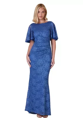 Women's Boat Neck Lace Flutter Sleeve Gown