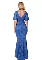 Women's Boat Neck Lace Flutter Sleeve Gown