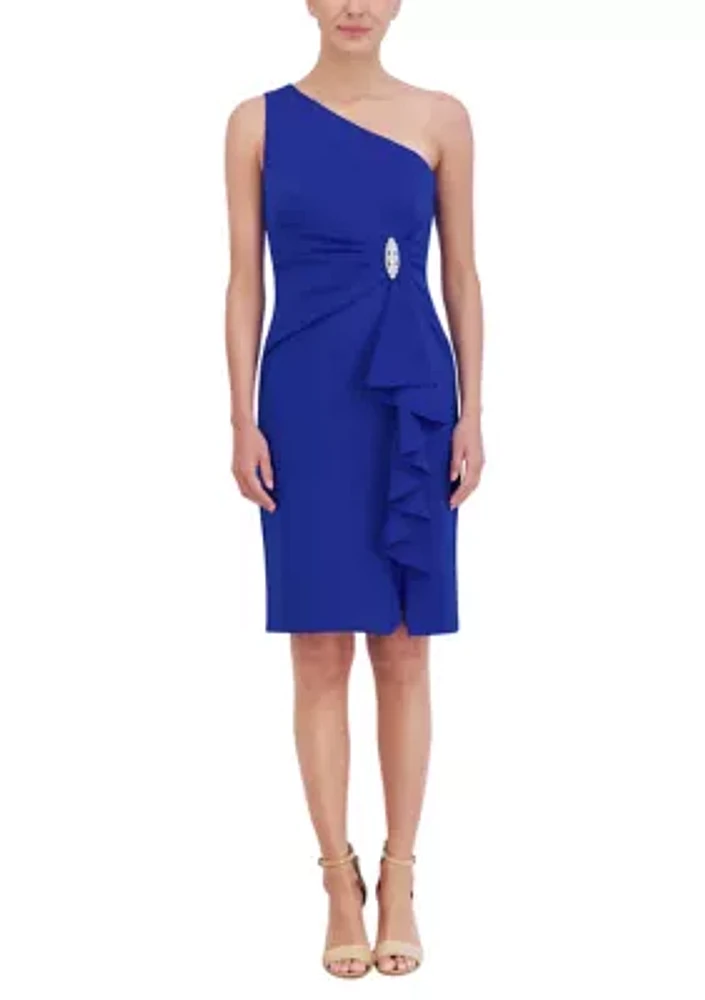 Women's One Shoulder Ruffle Scuba Embellished Sheath Dress