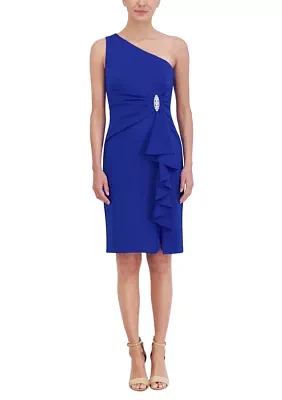 Women's One Shoulder Ruffle Scuba Embellished Sheath Dress