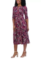 Women's 3/4 Sleeve Keyhole Neck Abstract Print Fit and Flare Dress