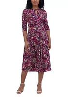 Women's 3/4 Sleeve Keyhole Neck Abstract Print Fit and Flare Dress