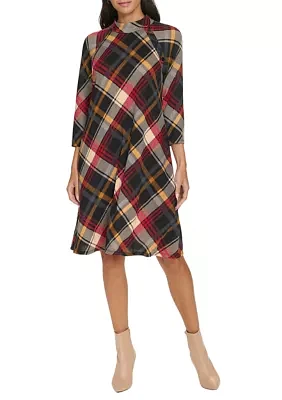 Women's 3/4 Sleeve Plaid Print A-Line Dress