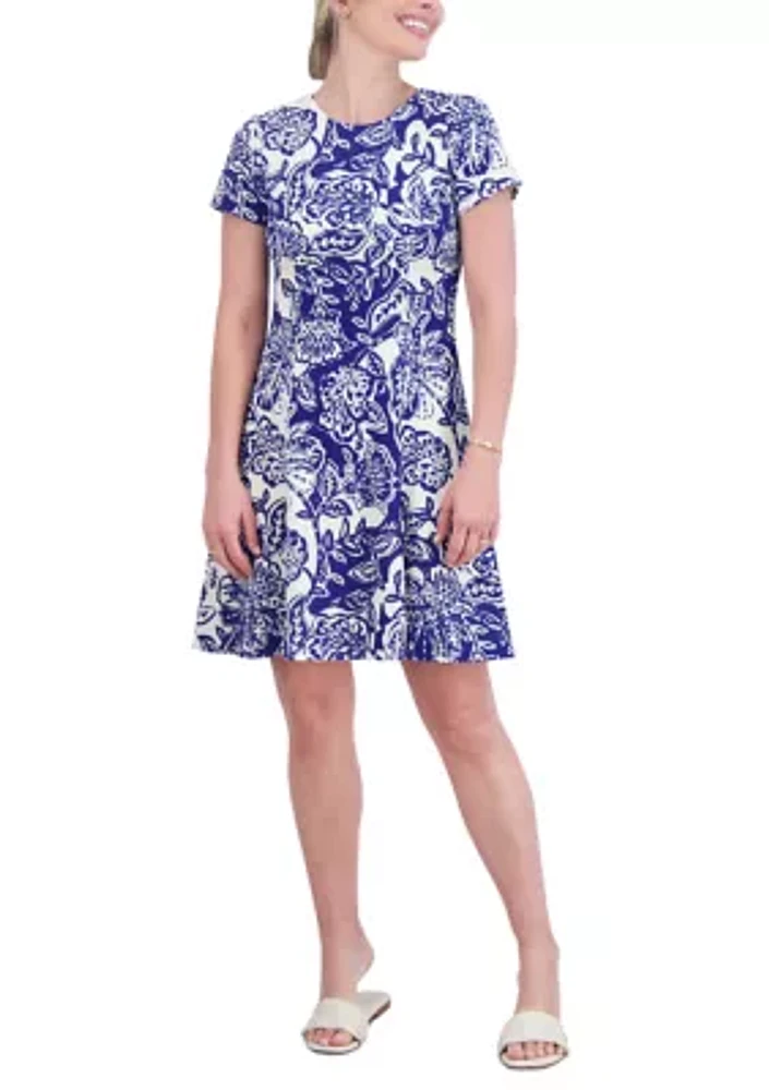 Women's Short Sleeve Crew Neck Paisley Print A-Line Dress