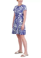 Women's Short Sleeve Crew Neck Paisley Print A-Line Dress