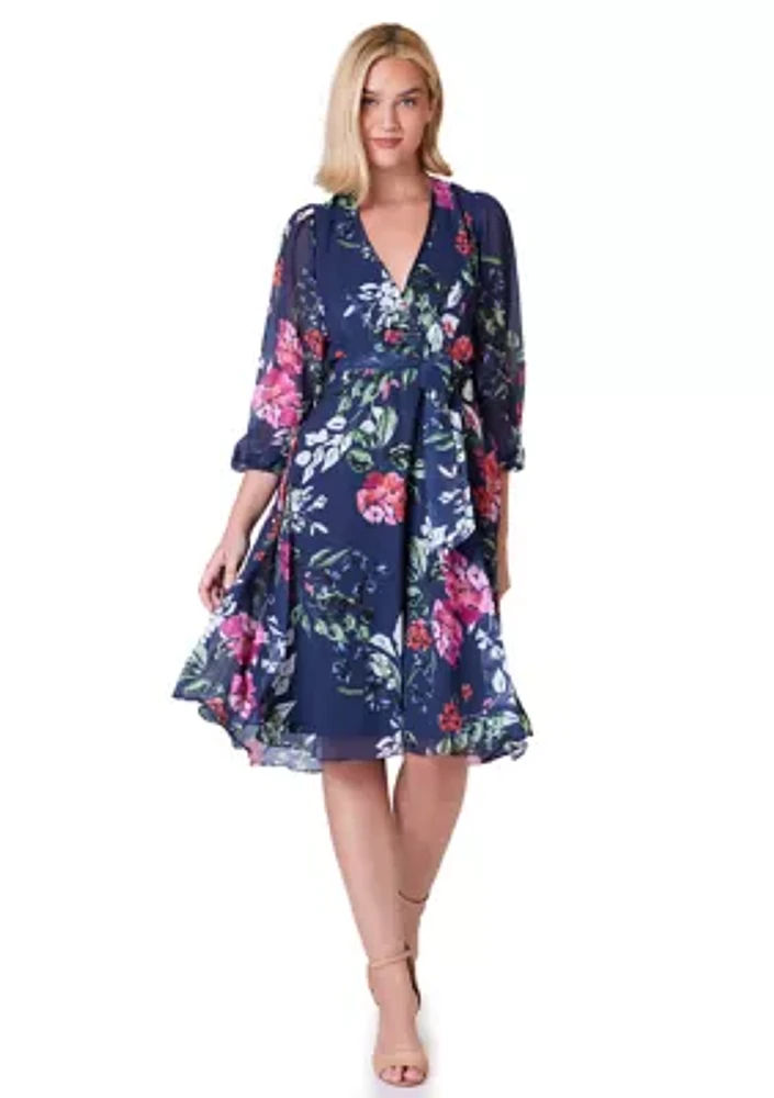 Women's 3/4 Sleeve Floral Print Chiffon Wrap Dress