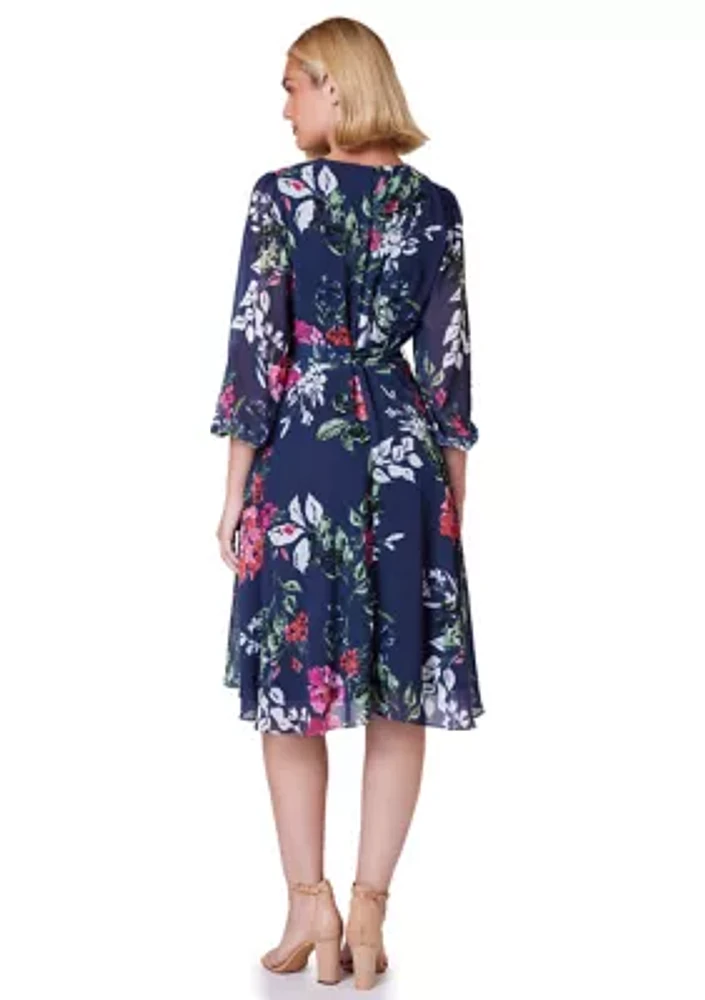 Women's 3/4 Sleeve Floral Print Chiffon Wrap Dress