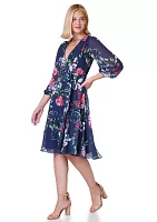 Women's 3/4 Sleeve Floral Print Chiffon Wrap Dress