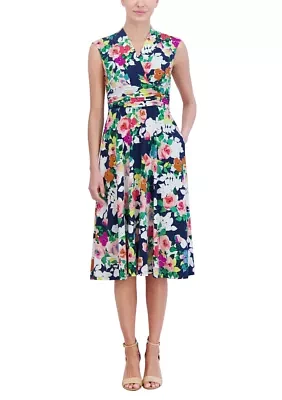 Women's Sleeveless V-Neck Floral Print Fit and Flare Dress