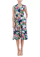 Women's Sleeveless V-Neck Floral Print Fit and Flare Dress