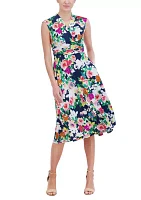 Women's Sleeveless V-Neck Floral Print Fit and Flare Dress