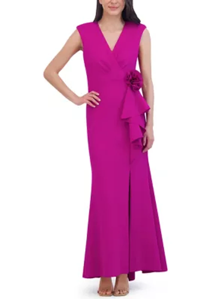 Women's Sleeveless V-Neck Rosette Side Ruffle Solid Gown